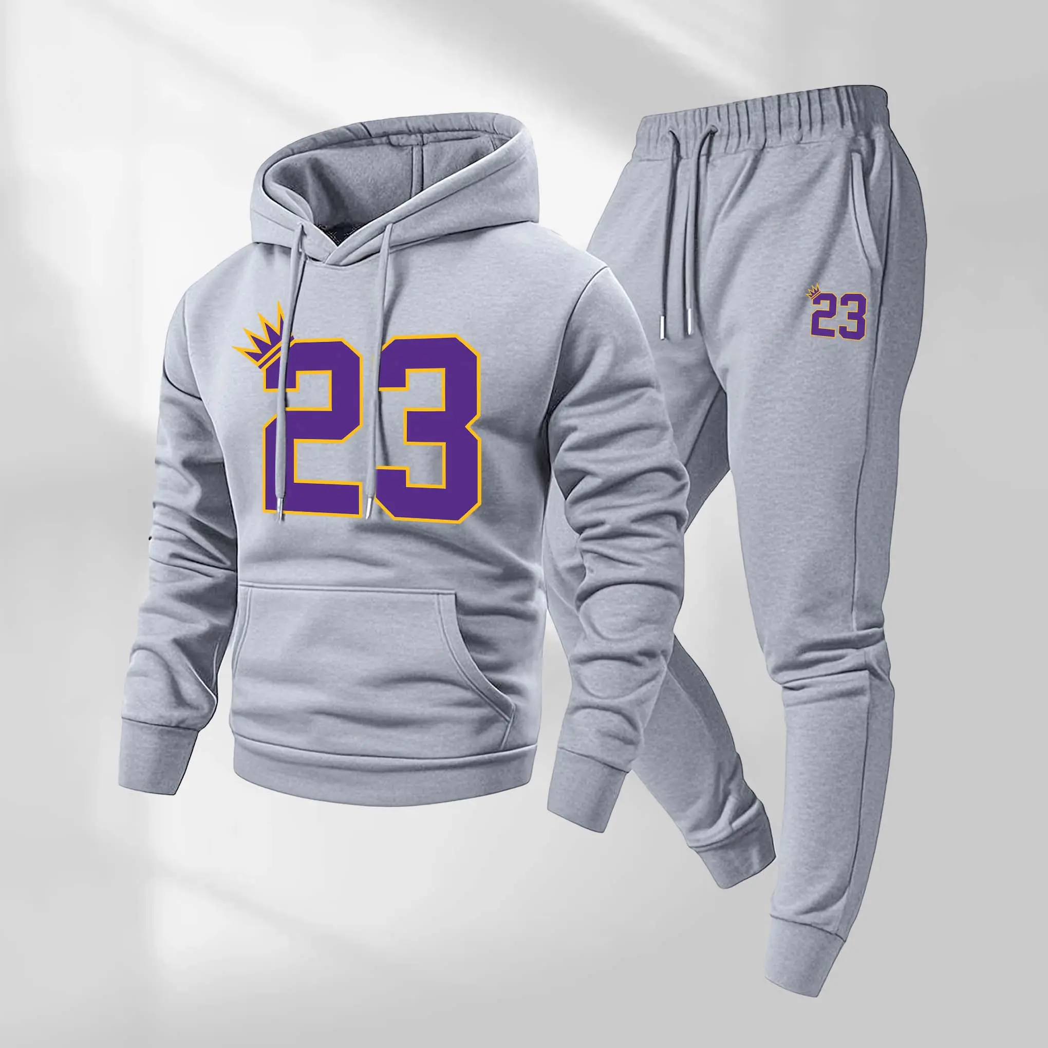 Men's 23 Basketball Printed Hooded Sweatshirt And Drawstring Sweatpants Set, Men's Clothing, Casual Long-Sleeved Hooded Jacket And Trousers, Suitable For Autumn And Winter Wear, Men's Everyday Casual Wear, Indoor And Outdoor Sportswear, Tracksuit.
