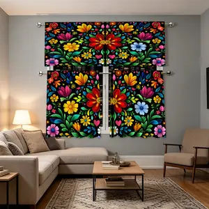 3pcs Colorful Floral Pattern Curtains, Mexican Style, Kitchen Living Room Decor Valance Set, Cafe Restaurant Home Drapes, No Pole