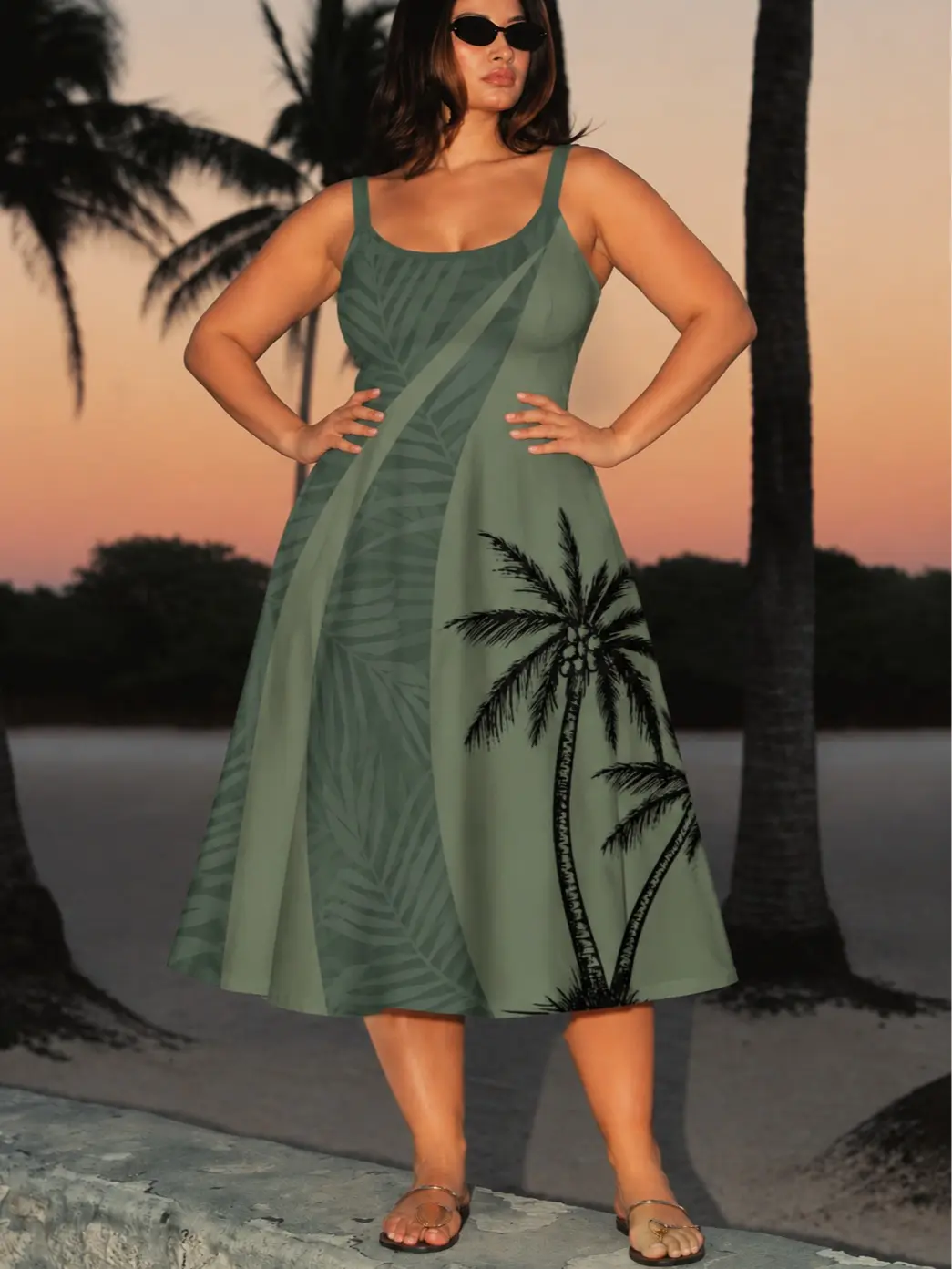 rosegal Women's Plus Size Ombre Coconut Tree Print Beach Tank Dress, Casual Sleeveless A-Line High Stretch Knee-Length Dress, Moon, Polyurethane, Basic Straps, Daily backtoschoolshopping, Polyester, Fabric, 3X, Fit, Machine Washable