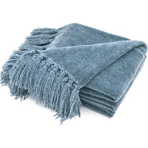 Soft Cozy Chenille Throw Blanket with Fringe Tassel for Couch Sofa Chair Bed Living Room Gift (Dusty Blue, 50'' x 60'')