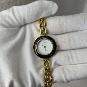 GUCCI Vintage 26MM Quartz Black Bezel White Dial Stainless Steel Gold Plated Ladies Watch MWT000678