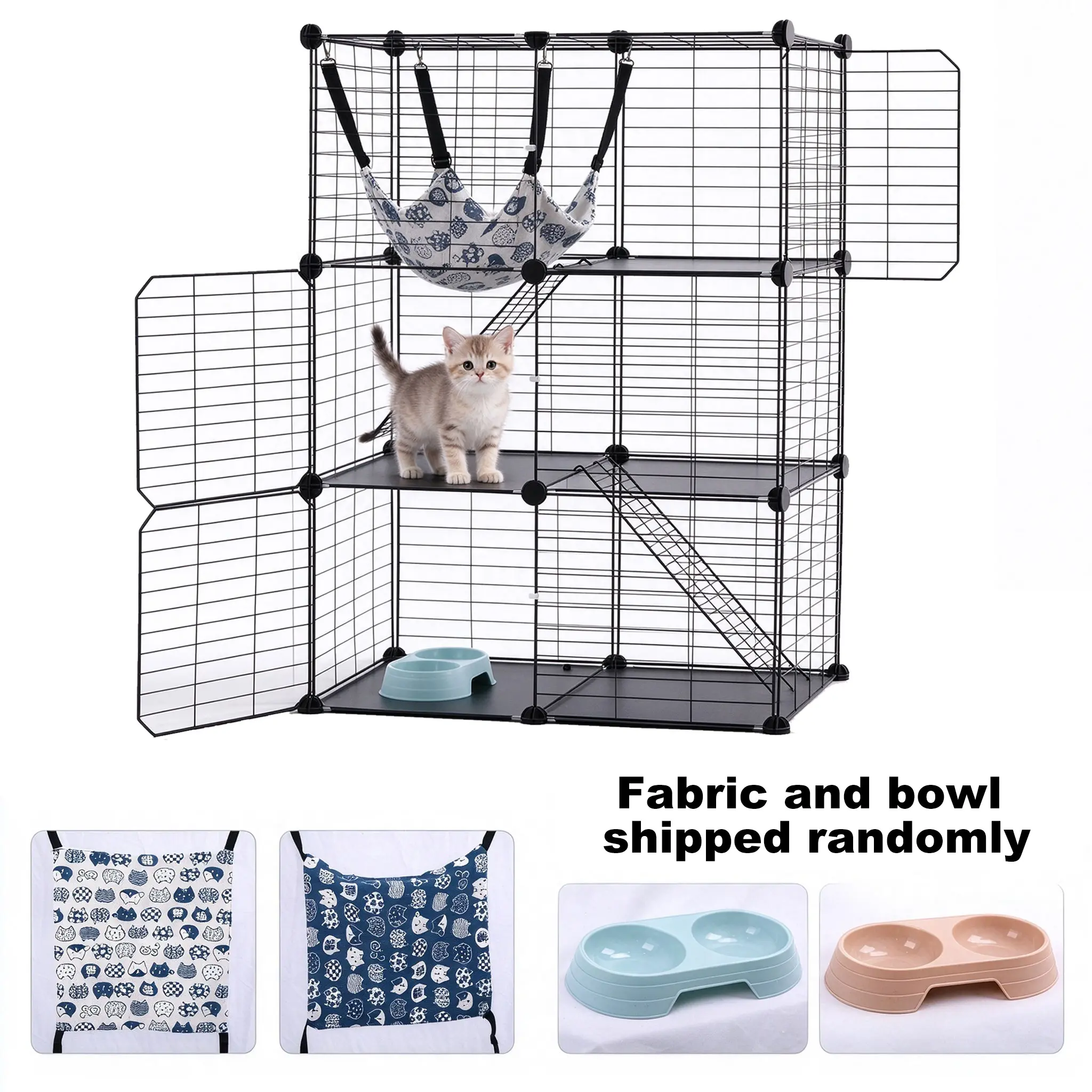 3-Tier DIY Catio Cat Enclosure, 24" L x 16" W x 36" H Metal Wire Cat Cage for Kitten, Indoor Outdoor Cat Playpen Crate with Free Hammock, Multi Door Small Animal Cage（Randomly styled hammocks and bowls）