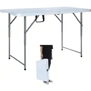 Folding Table 4 Foot Heavy Duty Plastic Utility Table Portable Thick Table Top Indoor Outdoor Adjustable Height Folding Table,Sewing Table Camping Party Gathering ,White