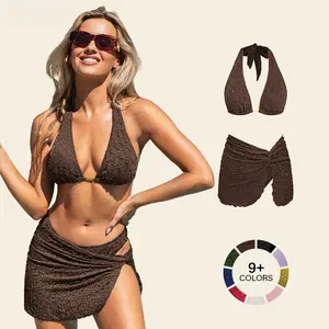 3-PIECE SET High Cut | Textured Spandex Bikini & Sculpting Sarong Skirt - 2026 Deep V Neck High Cut Beachwear & Pool Party Swimsuit Plunging Neckline Cheeky Bum Coverage Bold Bathing suit #SummerVibes