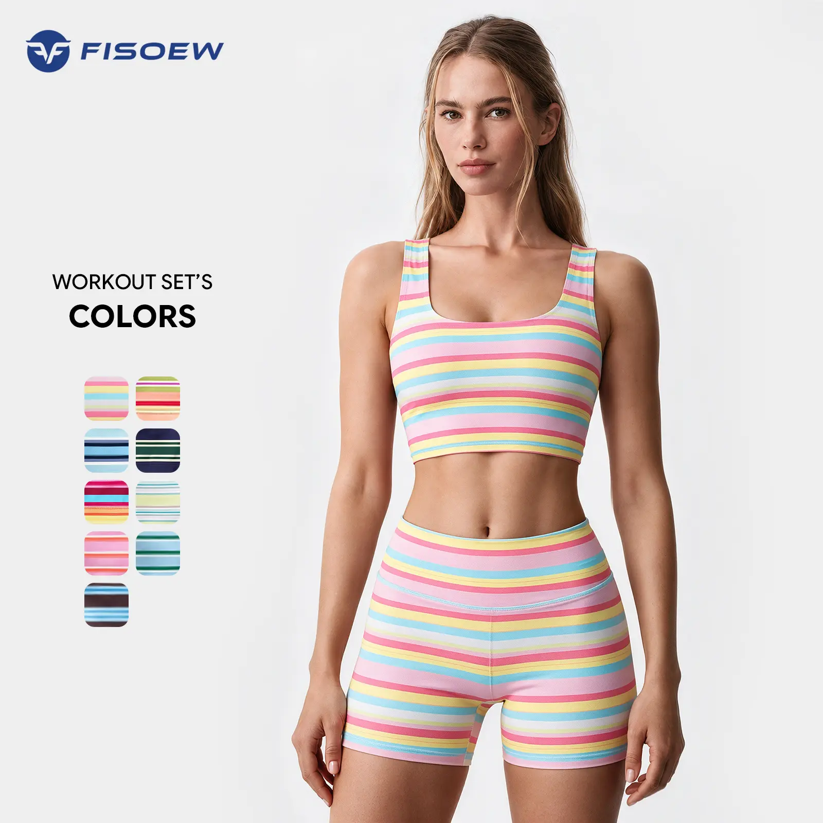 FISOEW Women’s Rainbow Stripe 2-Piece Workout Set - Sleeveless Crop Tank Top, High Waist Biker Shorts, Gym Outfit, Women's Clothes, Lounge Wear