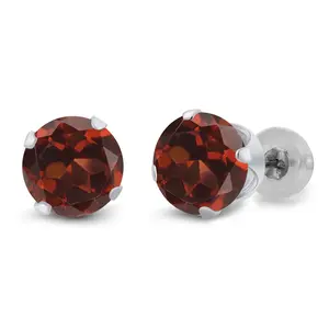 Gem Stone King 14K White Gold Red Garnet Stud Earrings For Women Men (2.00 Cttw Gemstone Birthstone Round 6MM)