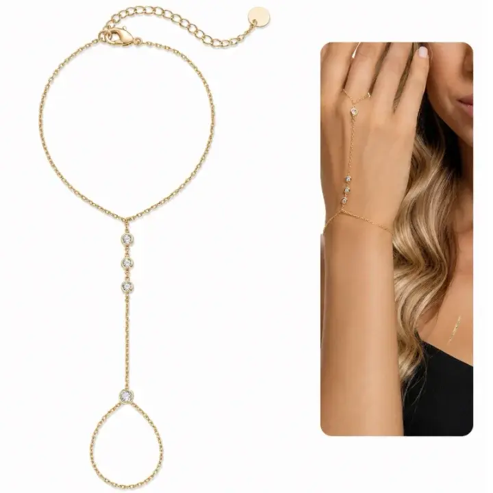 Women's Dainty Hand Chain Bracelet, 14K Gold Plated Adjustable Ring Chain, Elegant Cubic Zirconia Bracelet Jewelry, Lightweight Trendy Handchain Accessories