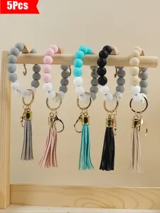 Set of 5 Morandi Color Beaded Keychains, Marble Pattern Beads with Tassel Pendants, Elegant Style, Perfect Gift for Friends & Birthdays