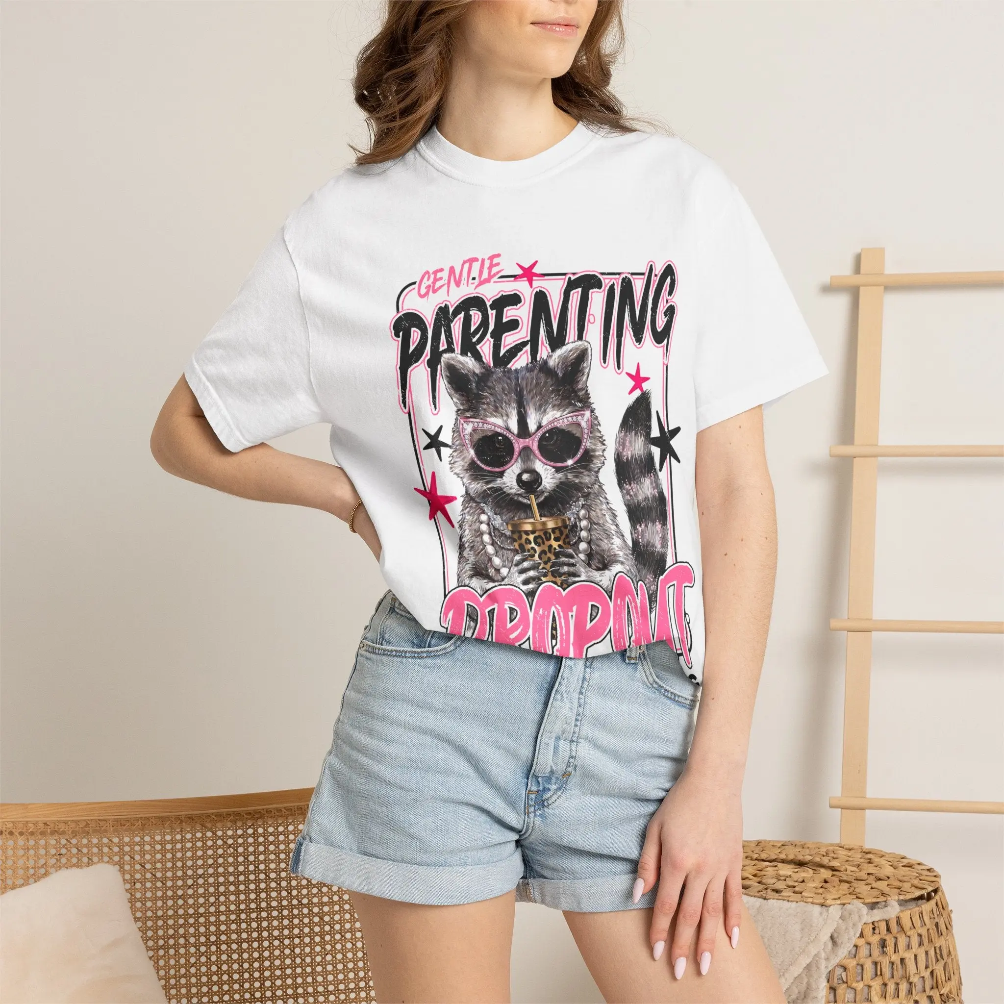 Gentle Parenting Dropout T-Shirt, Funny Raccoon Print Casual Top for Women, Heavyweight Cotton, Shortsleeve Round Neck