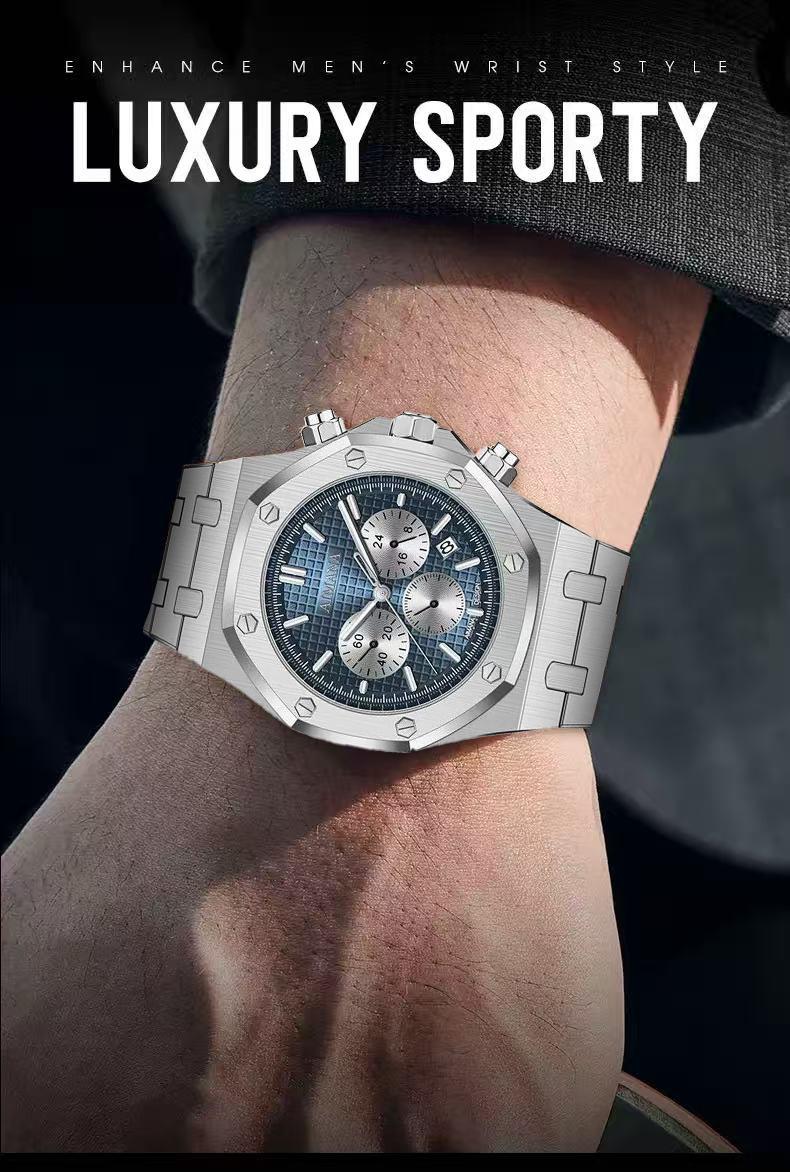 Men’s Stainless Steel Chronograph Watch – Square stainless steel case, luminous dial, water- and scratch-resistant, with three sub-dials and control buttons. A perfect gift for men(Randomly give away an elegant,and stylish women's watch)