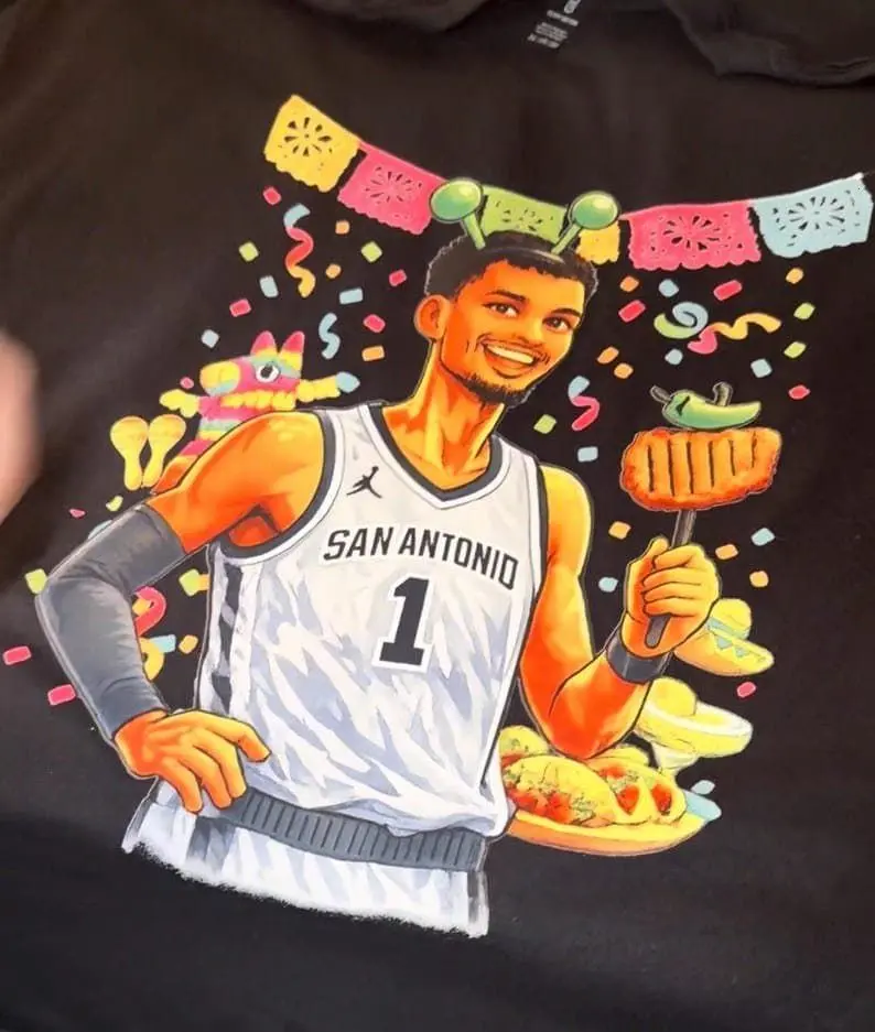 Wemby Fiesta T-Shirt, Spurs Retro Cotton Tee, Chicken Stick Print