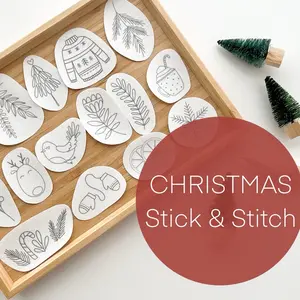 Christmas Stick & Stitch Embroidery Patterns, Embroidery Transfers for clothing, Stick and Sew Pack, Embroidery Pack, Beginner Embroidery different stitch embroidered denim art kit