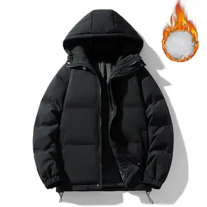 Solid Color Zipper Thick Warm cotton-padded jacket with Hood, Regular Fit Long Sleeve Winter Coat;  Apparel, Cold Weather Gear,  Clothing,  Jackets, Jackets,  Apparel Down Hooded Jacket Man Menswear Outdoor Tops Operator Activewear Athletic Beige Black