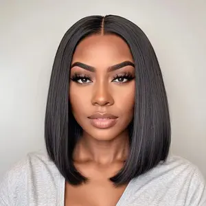 Pre-cut Straight Natural Black Bob 4x4 Frontal Transparent Lace 180% Human Hair Wig For Woman