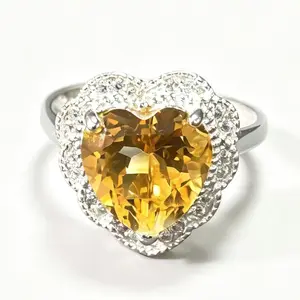 Heart Shape Citrine Statement Ring 925 Sterling Silver Adjustable | 10.3×10mm Faceted Natural Yellow Crystal Cocktail Ring with CZ Halo