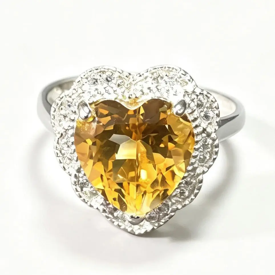 925 Sterling Silver Adjustable Heart Shape Citrine Statement Ring, 10.3×10mm Faceted Gem Natural Yellow Crystal Cocktail Ring with Floral CZ Halo, Statement Pieces for Special Events