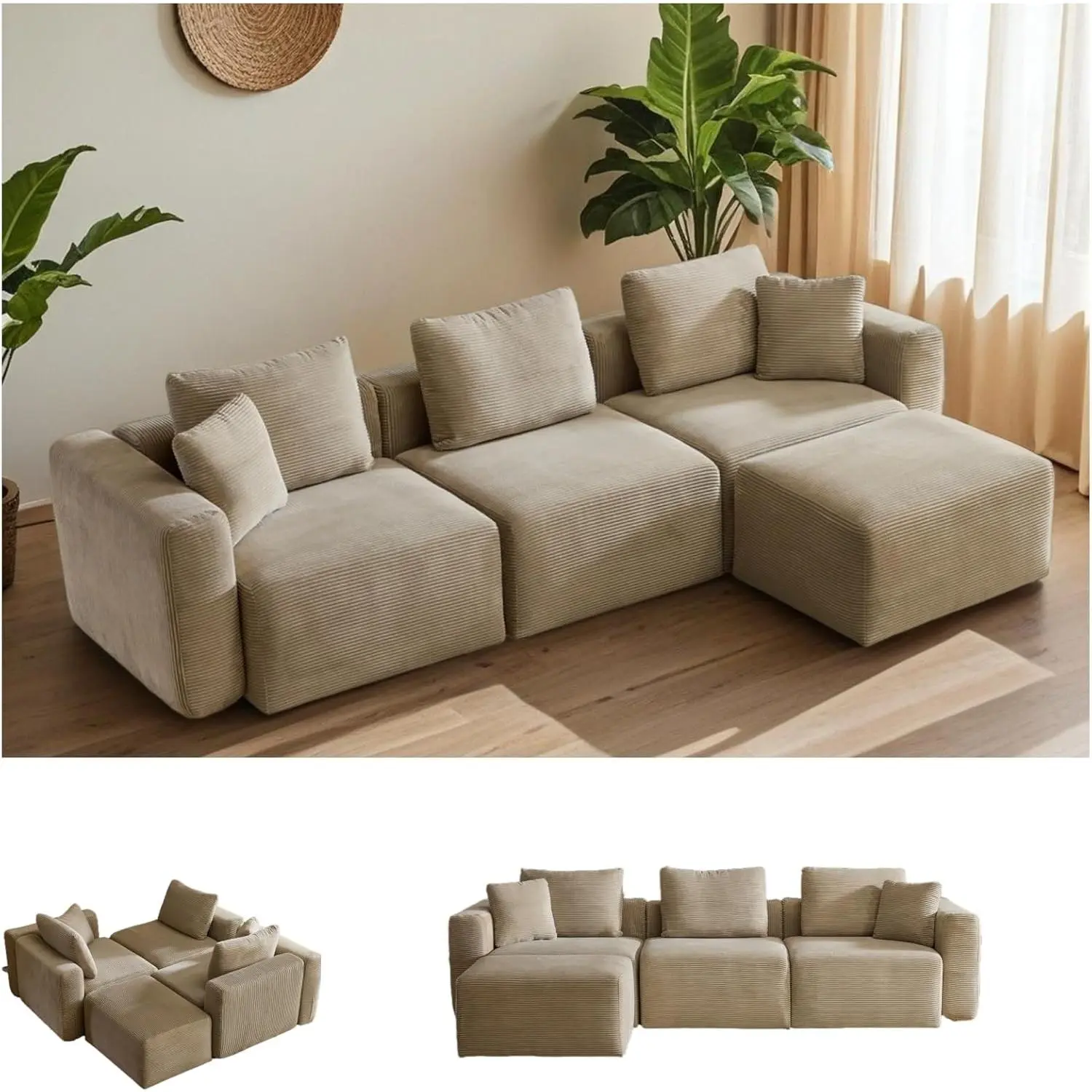 VINGLI Minimalist Midcentury Modern 112.2in Cloud Shape Corduroy Sectional Sofa, L-Shaped 3-Seater Modular Deep-Seat Comfy Couch with Movable Ottoman, No Assembly Required for Living Room