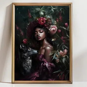 Melanin Magic Black Woman Art, She and Her Wolf Print, Afro Gothic Wall Art, Moody Victorian Dark Academia Decor, Dark Cottagecore Aesthetic, Room Decor, Unframed