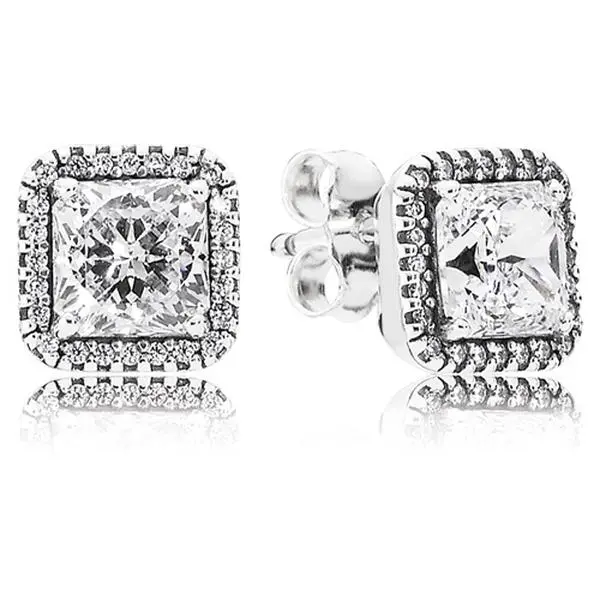 PANDORA Timeless Elegance Princess Cut Stud Earrings in Polished Silver with Cubic Zirconia, Classic Unisex Jewelry 290591CZ, Elegant, Adults