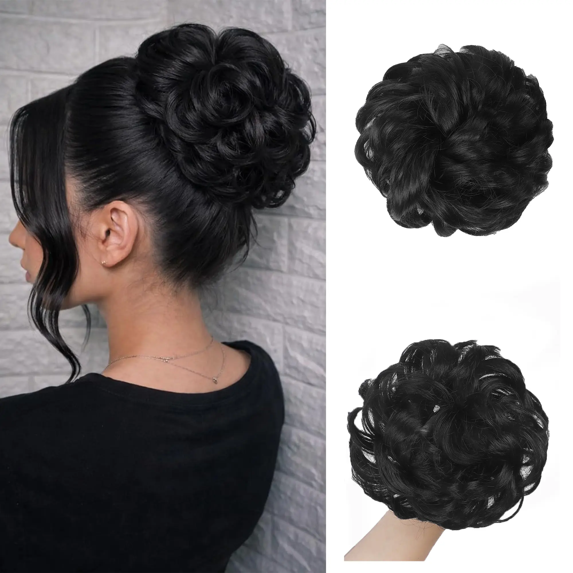Natural Black Messy Bun Hair Piece - Elastic Black Messy 