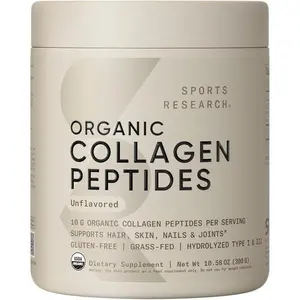 Sports Research Organic Collagen Peptides - Hydrolyzed Type I & III Collagen Protein Powder Made Sustainably from Grass-Fed Cows - USDA Organic· Non-GMO · Gluten Free - Unflavored, 30 Servings