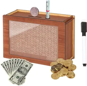 10,000 Savings Challenge Box，Cash Vault Wooden Savings Box，Cash Saver Box，Coin Counter Piggy Bank，Wooden Piggy Bank Coin Bank with Counting Target,Wooden Coin Bank for Boys and Girls Decor Set Ornaments