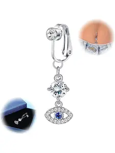 Dazzling 1 Pc Silvery Blue CZ Eye Fake Belly Button Ring Surgical Steel Belly Piercing Ring for Women Men Shining CZ Butterfly Heart Fake Navel Ring Non Pierced Jewelry