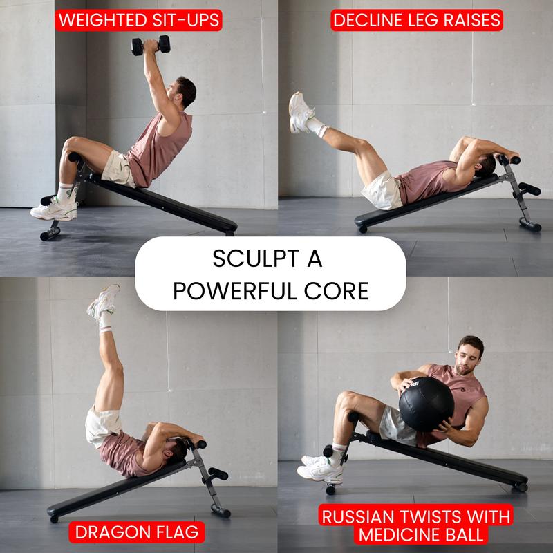 Finer Form Gym-Quality Adjustable Sit Up Ab Bench & Decline Weight Bench for Home Gym Strength Training. Supports 660lbs. Extended Backrest for Support. Great for Decline Bench Press & Core Workouts