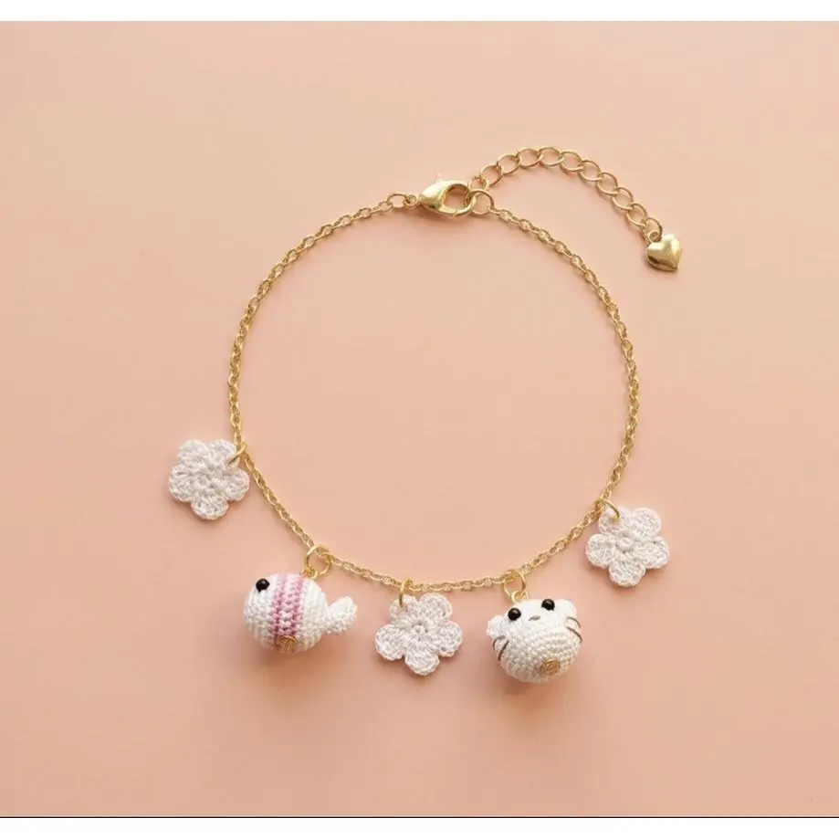 Micro Crochet Bracelet with Fish Cat Flower Pendant Handmade Jewelry for Women
