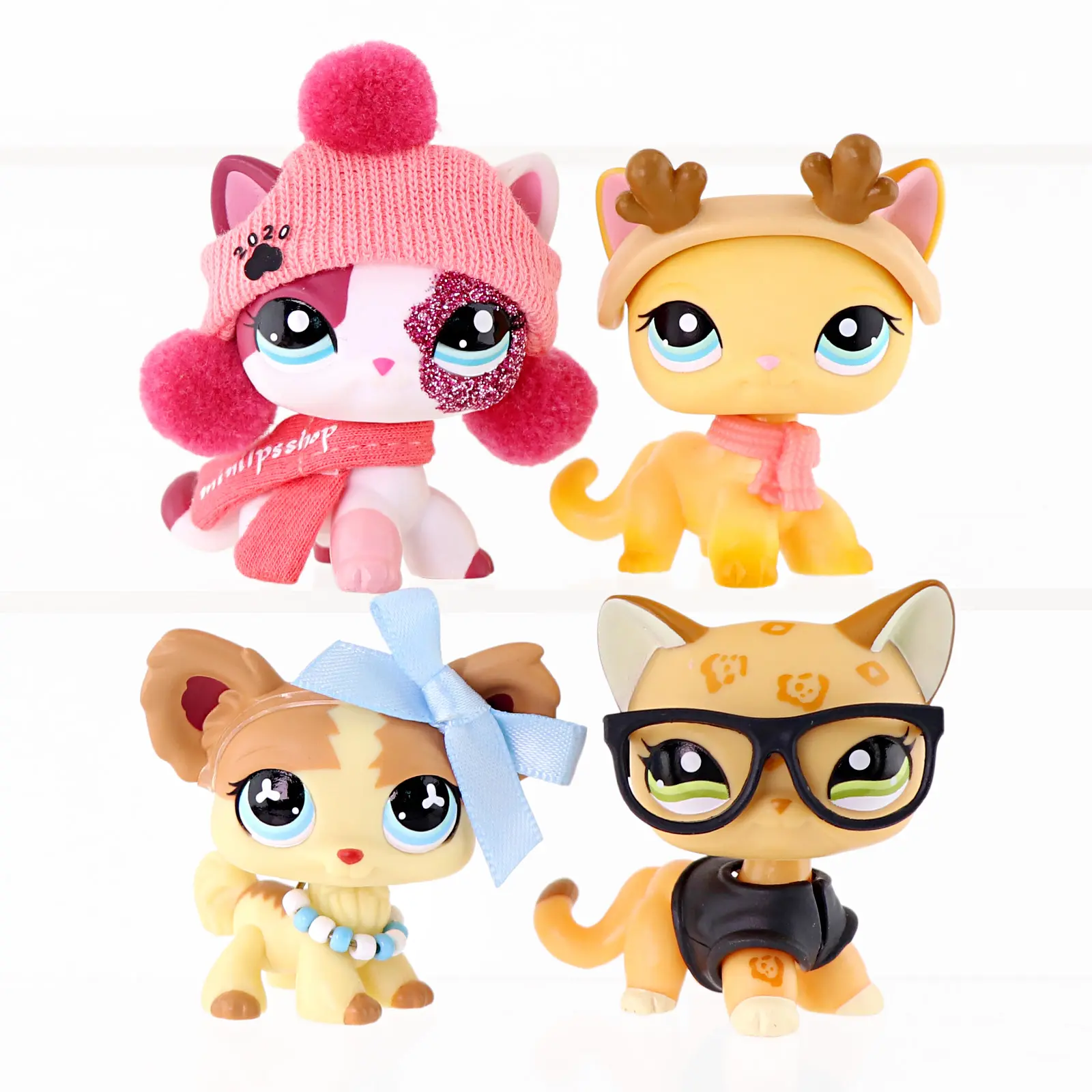 4 Pcs Bobble Head Mini Cat & Dog Figurines Set, Winter Holiday Pet Collectible Toys with Detachable Pom Pom Hat Reindeer Antlers Scarf Glasses Bow Beaded Necklace Accessories, Small Animal Statues for Cake Decor Kids Christmas Party Favor Gift