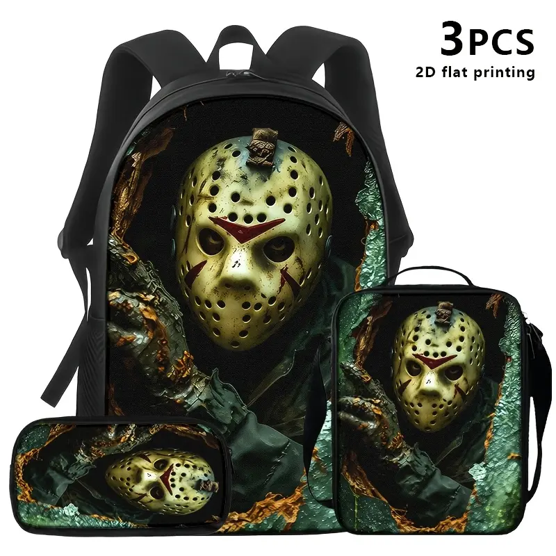 Friday the 13th Jason Voorhees 3PCS Backpack Set, Horror Movie Hockey Mask Print School Backpack with Lunch Box & Pencil Case, Lightweight Durable Daypack for Fans, Ideal Slasher Film Themed School Supplies Gift