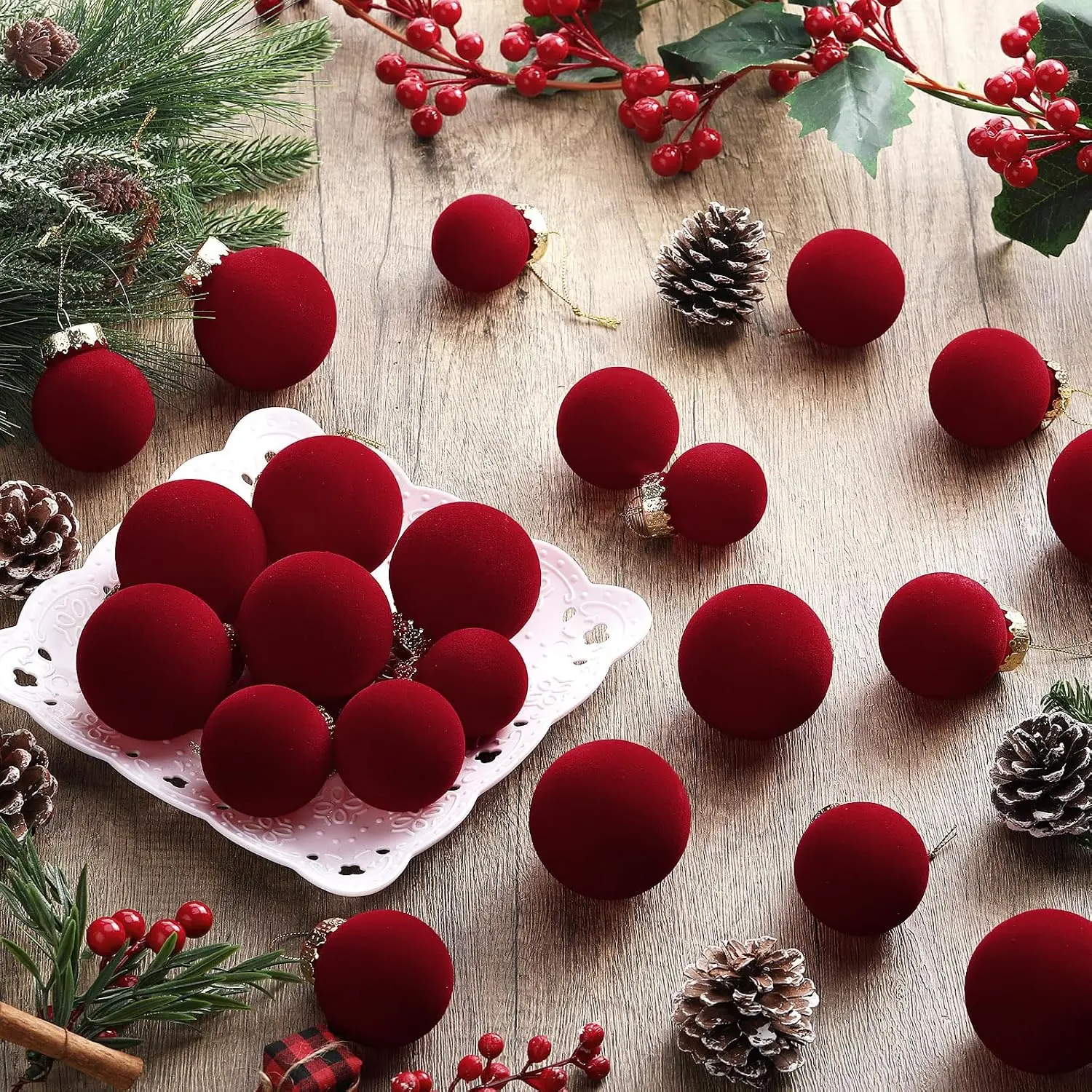 40 Pcs Flocked Velvet Christmas Ball Ornament Set, Shatterproof Neutral Plastic Hanging Decor for Xmas Tree, Bulk Pack Festive Home Supplies Gifts, Flocked Finish, Rustic Look, Metal