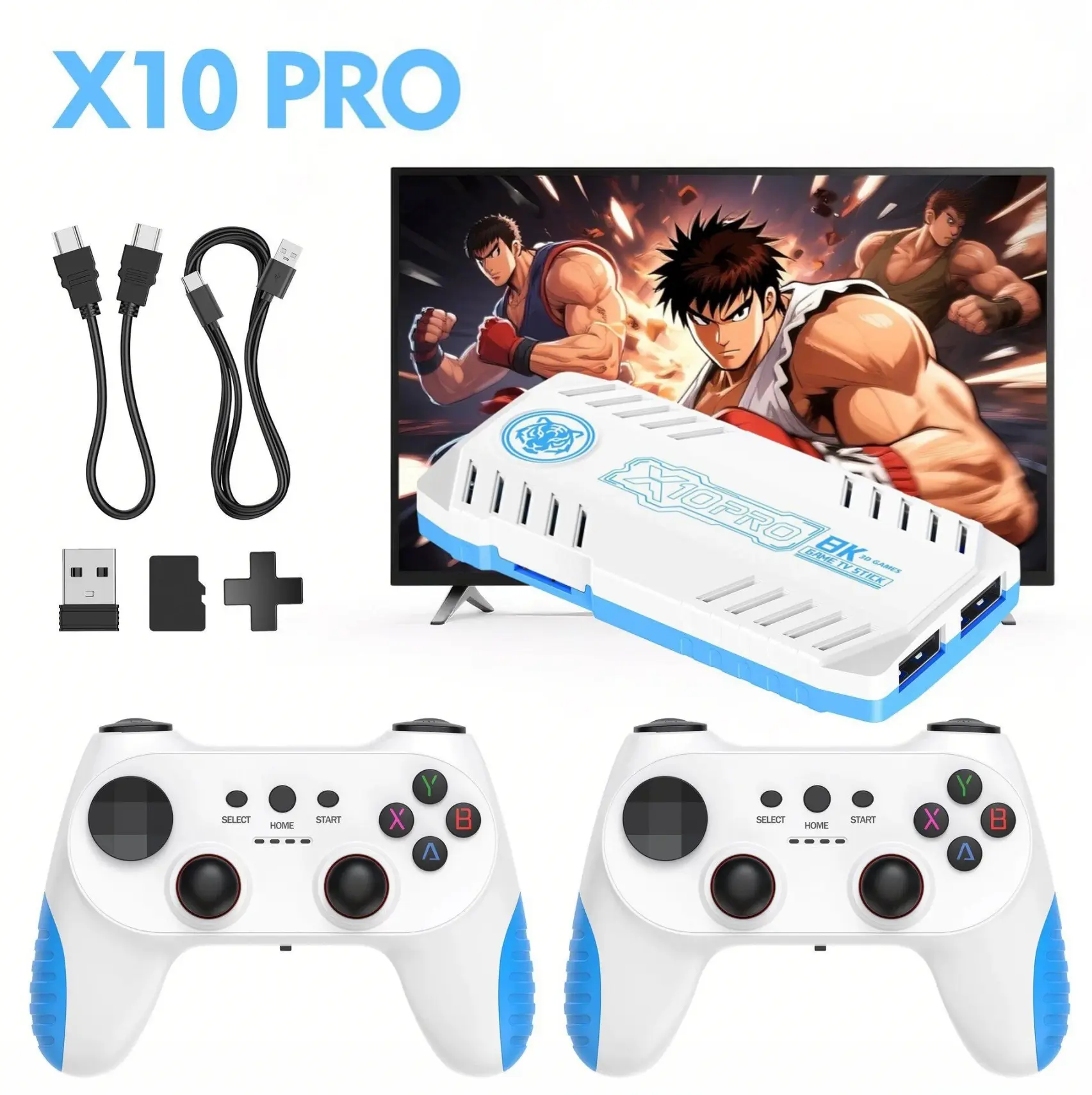 X10 Pro Home Game Console ，2 Wireless Controllers, 128GB TF Card Included, Blue Design for Party Use