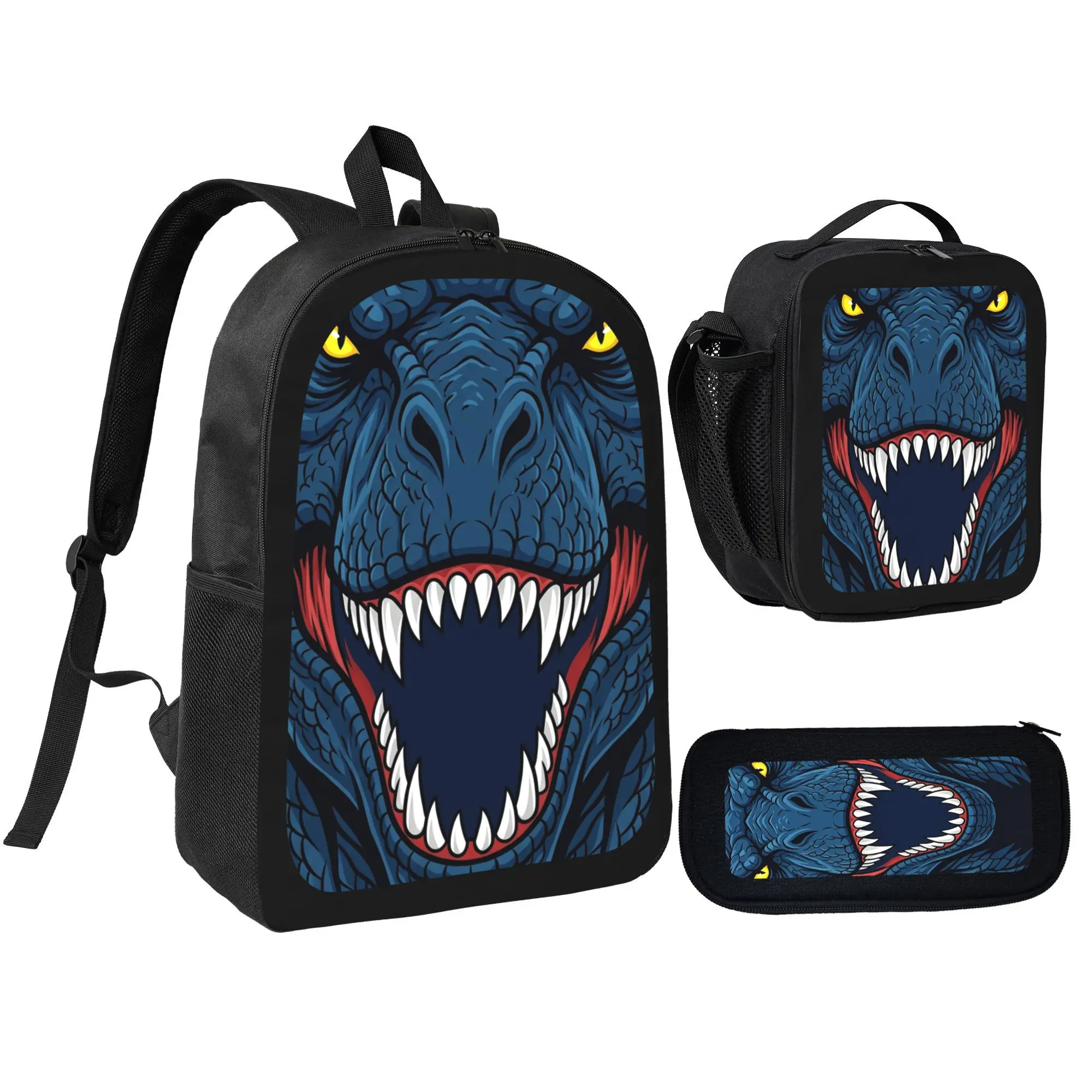 Playful T-Rex Theme 3-Pcs Kids Backpack Set, Oxford Fabric Waterproof Lightweight Back to School Bag with Lunch Box & Pencil Case, Large Capacity Boys Elementary School Travel Gift