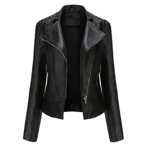 Women's Edgy Chic Long Sleeve Polyester Motorcycle Biker Jacket with Lapel Collar, Casual All-Season Coats & Tops, Sleek Texture Streetwear, Motorcycle Riding Gear, Plus Size (Black, Red, Camel; S-2XL)