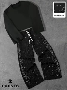 Men's Fall Winter Trendy Long Pants & Sweatshirt Set, Starry Diamond Design, Casual Daily Wear, Party