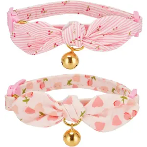 Cotton Bowtie Cat Collar with Bell 2 Pack Adjustable Breakaway Kitten Collars with Removeable Bow Pink Girl Cat Collars