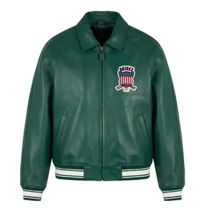 Men’s Green Leather Varsity Jacket Avirex Style Vintage Patch Bomber Zip-Up Streetwear Jacket