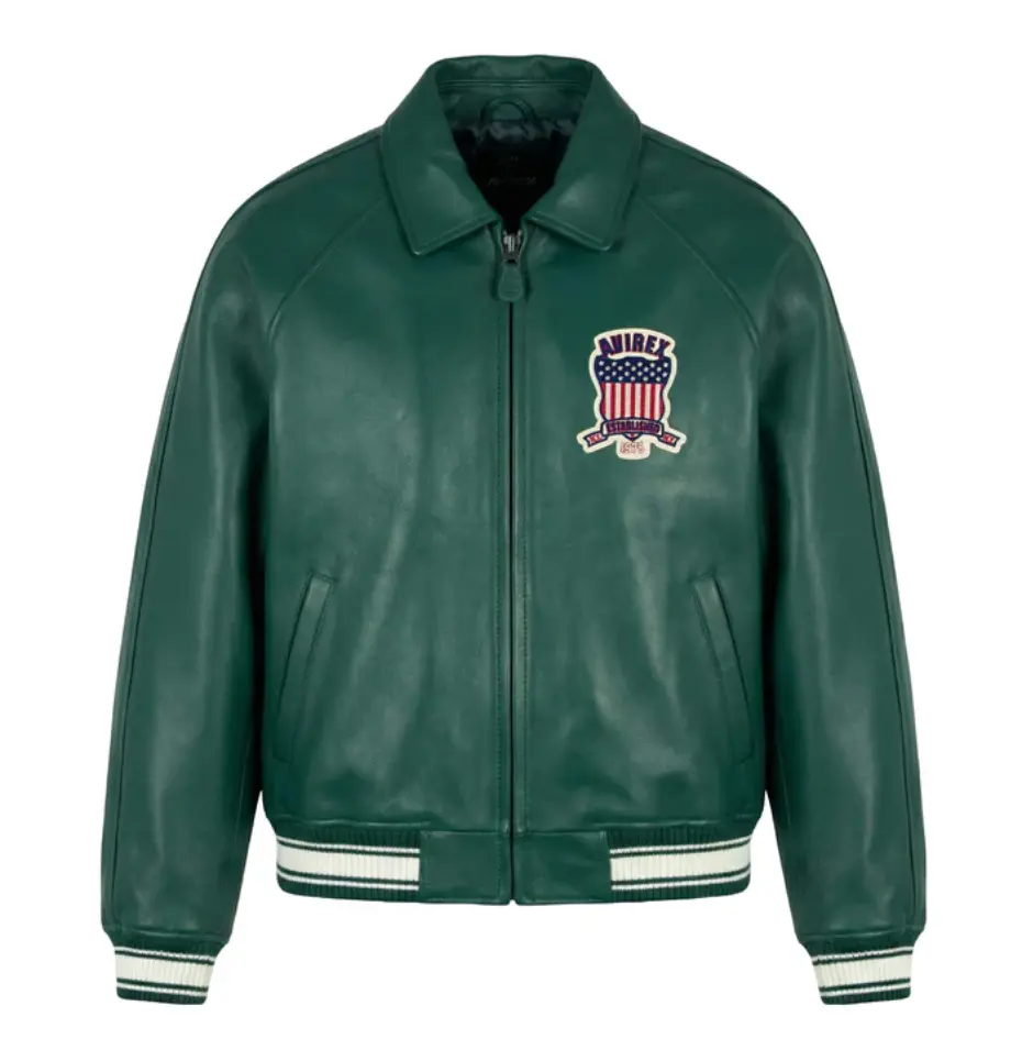 Men’s Green Leather Varsity Jacket Avirex Style Vintage Patch Bomber Zip-Up Streetwear Jacket