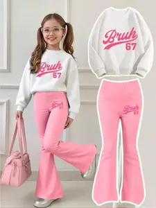 Girls' Sweet Cool Vintage Girly Clothes Bruh 67 Letter Number Sweatshirt & Bell Bottoms Set, Casual Outfit Set, Casual Fitted, All Seasons, Comfortable Breathable