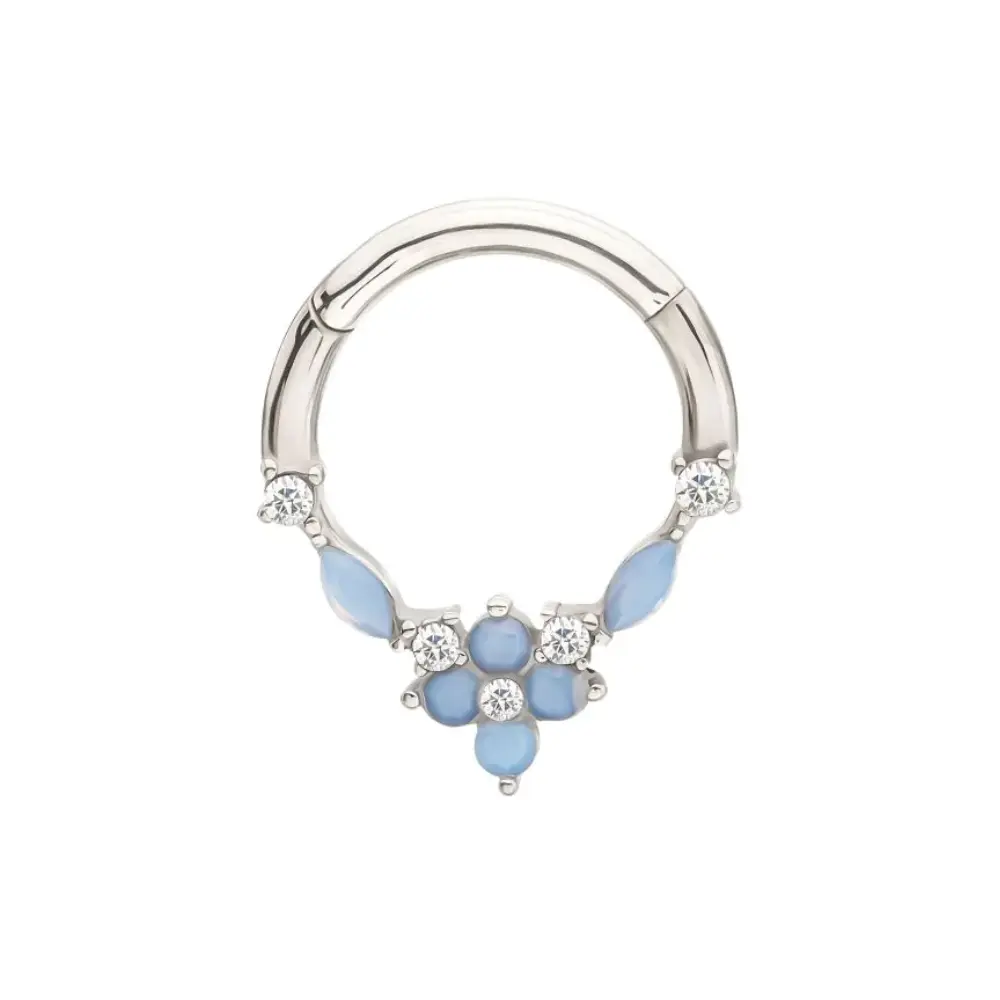 Light Blue Opalite Flower Front Hinged Segment Clicker Ring - 316L Stainless Steel