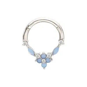 Light Blue Opalite Flower Front Hinged Segment Clicker Ring - 316L Stainless Steel