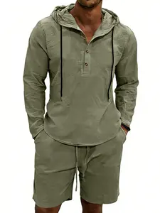 Men's Summer Linen Hooded Henry Set, Long Sleeve Button Front Hoodie and Drawstring Shorts, Breathable Beach Vacation Streetwear