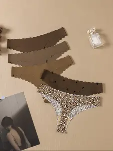 5 Pack Sexy Low Waist Thongs, Deep + Random Heart Print, Seamless Fan Wave Decoration, Comfortable Breathable Elastic Women's Underwear