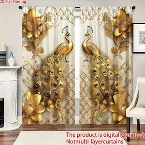 2 pieces, 2D flat printing, polyester material, digitally printed golden peacock pattern filtering curtains, suitable for bedroom, living room, office and home decoration, pole pocket design, suitable for hanging on poles