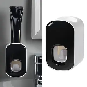 2 Slot Toothbrush Holder and Toothpaste Dispenser, Automatic Toothpaste Squeezer, Wall Mounted, Dark Amber