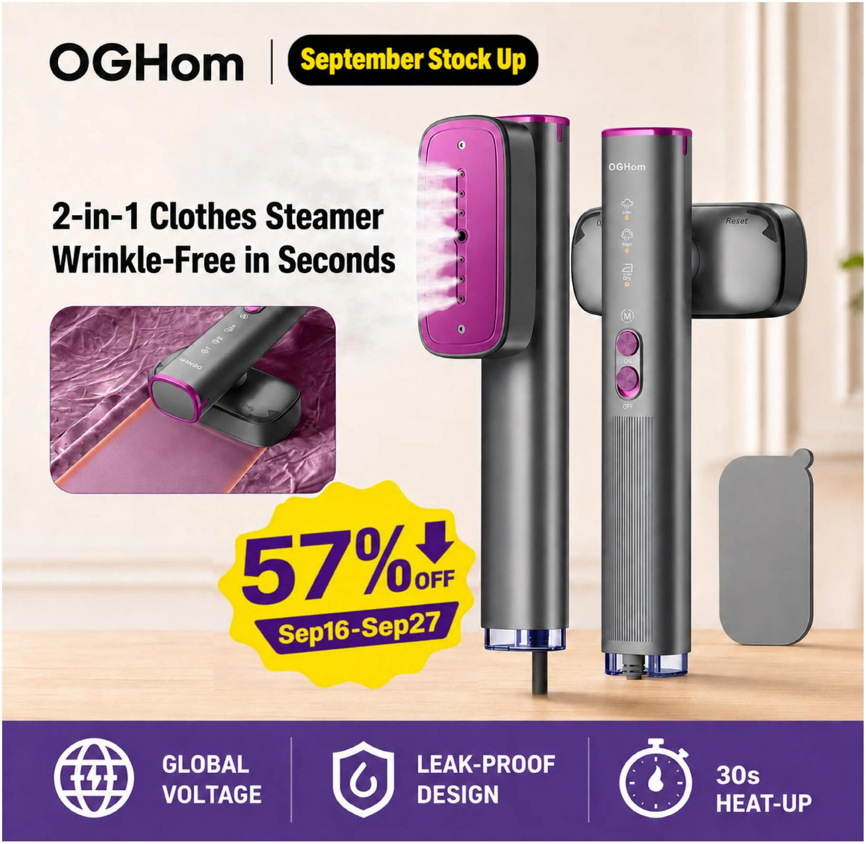 OGHom Handheld Steamer for Clothes - 110-240V Universal Plug 2-in-1 Travel Iron, 1000W Strong Output, 30s Fast Heat-Up, Dry & 2-Steam Control, Portable Garment Wrinkle Remover, Garment Steam Machine, Fabric Steamer, SohoChic, TikTokShopStockUp