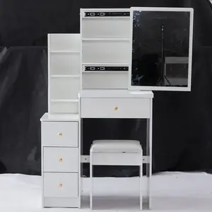 29.2" Small Space Left Bedside Cabinet Vanity Table + Cushioned Stool, Extra Large Right sliding mirror, Multi Layer High Capacity Storage, Practical Fashionable Dresser, Suitable For Small Space