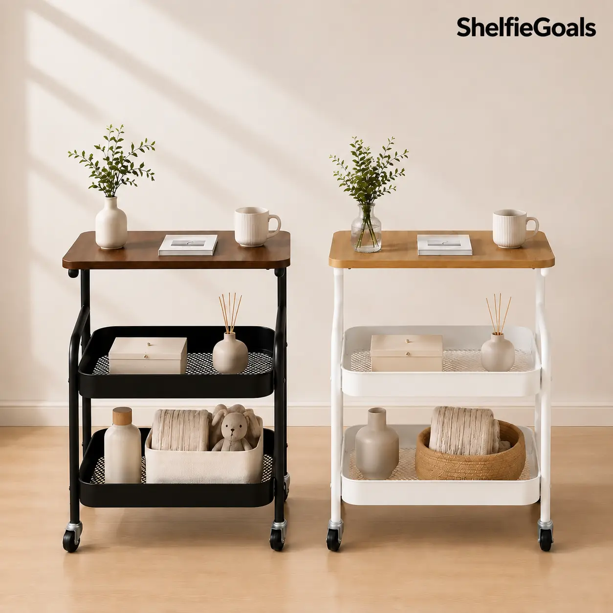3-Tier Rolling Storage Cart with Wooden Top & Mesh Baskets – Versatile End Table for Living Room, Bedroom & Kitchen