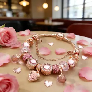 Handmade Petal-Shaped Heart Pendant Bracelet with Spacer Beads & Snake Chain Elegant Jewelry Gift for Valentine's Day Birthdays Anniversaries